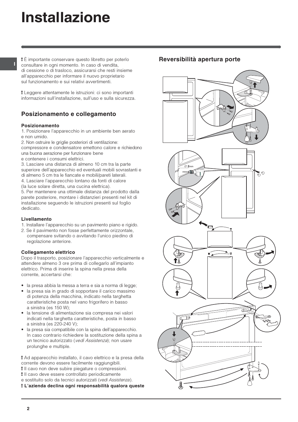 Installazione, Reversibilità apertura porte, Posizionamento e collegamento | Indesit RAA-24-N-(EU) User Manual | Page 2 / 80