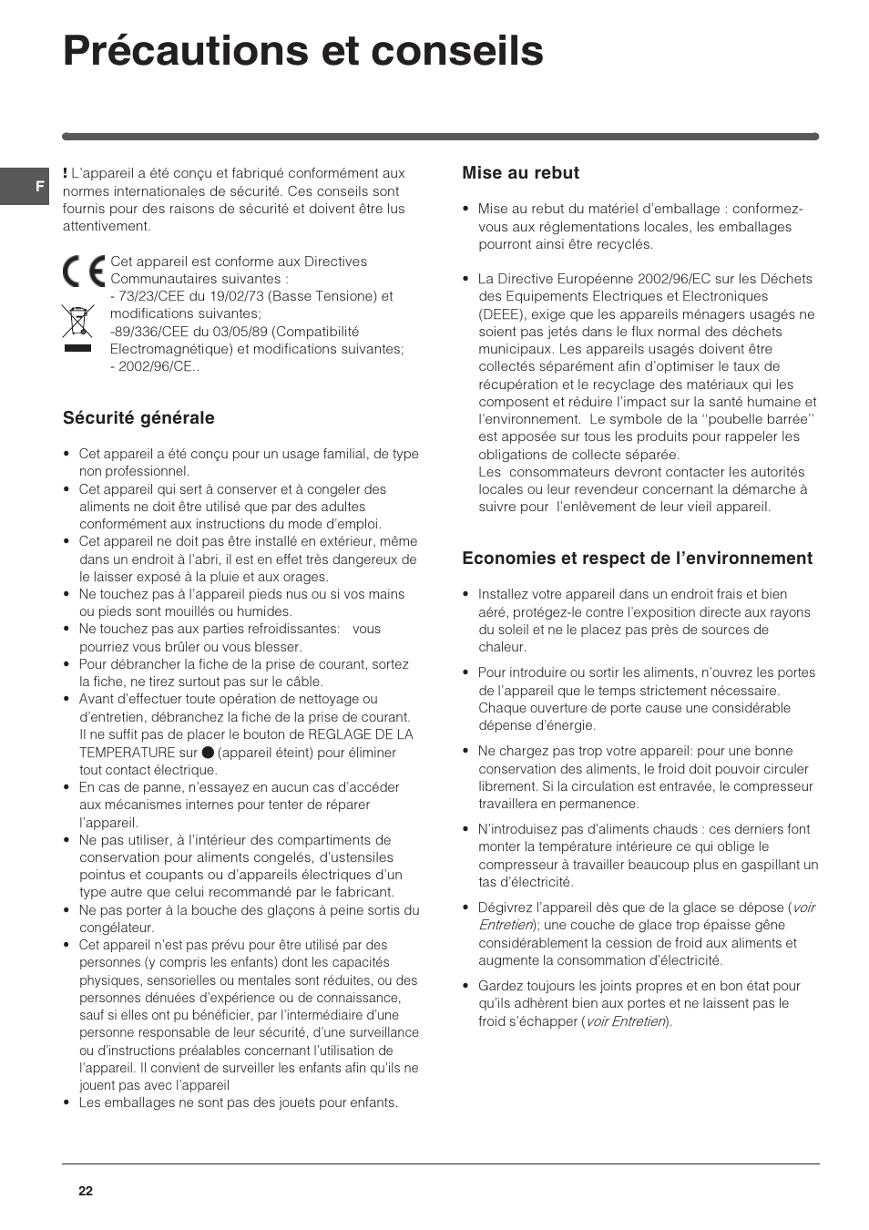 Précautions et conseils, Sécurité générale, Mise au rebut | Economies et respect de lenvironnement | Indesit RAA-24-N-(EU) User Manual | Page 22 / 80