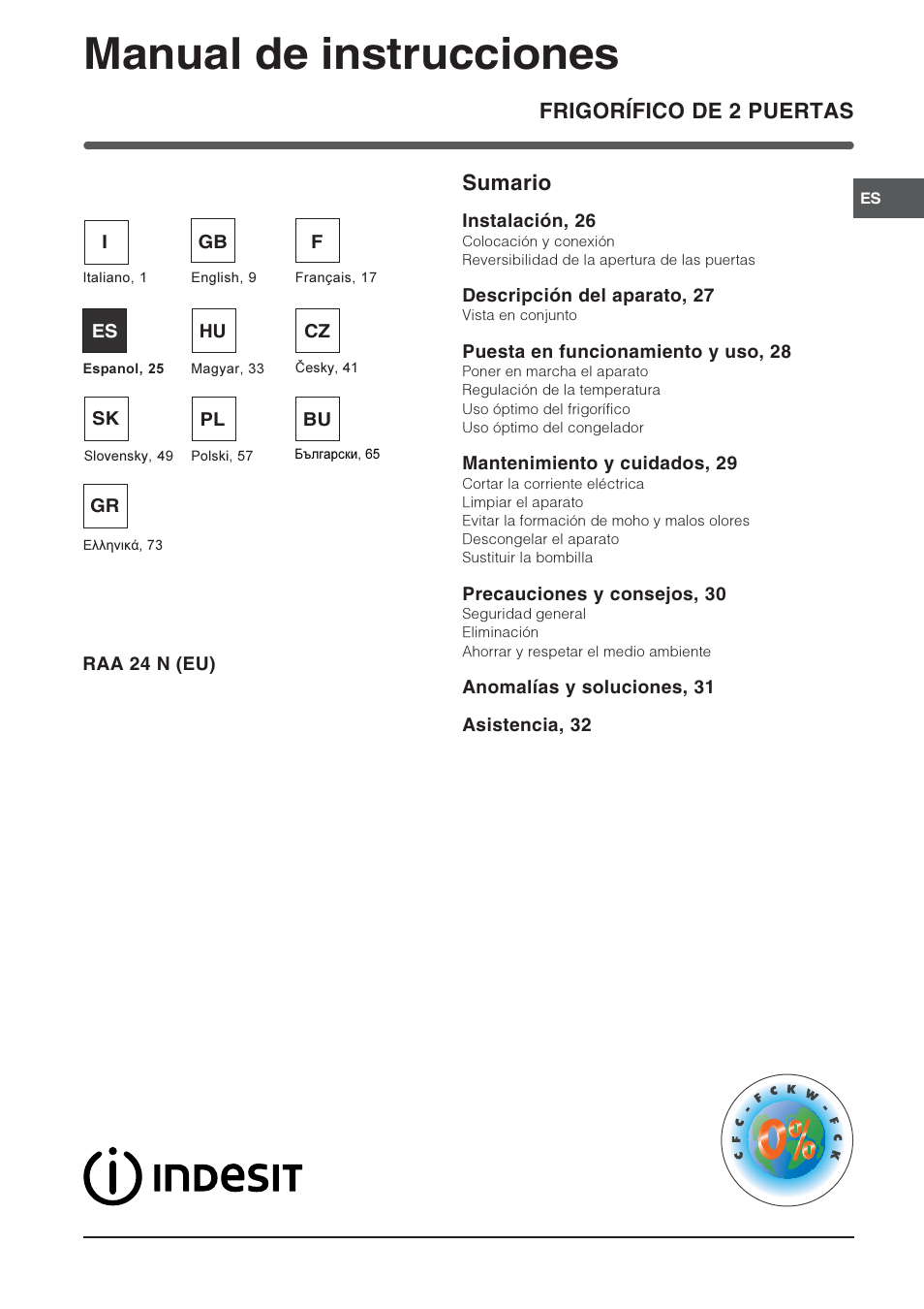 Manual de instrucciones, Frigorífico de 2 puertas sumario | Indesit RAA-24-N-(EU) User Manual | Page 25 / 80