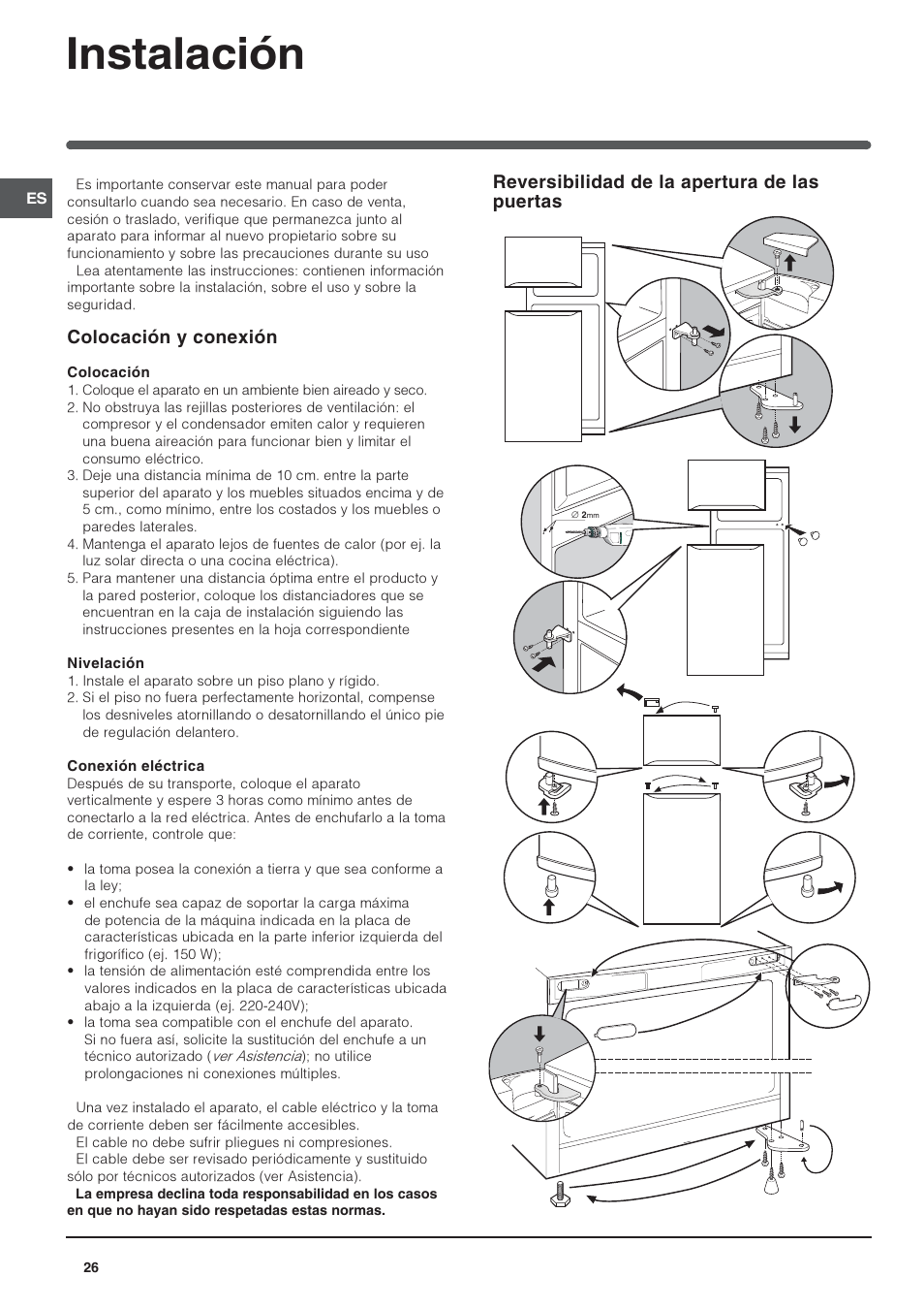 Instalación, Reversibilidad de la apertura de las puertas, Colocación y conexión | Indesit RAA-24-N-(EU) User Manual | Page 26 / 80