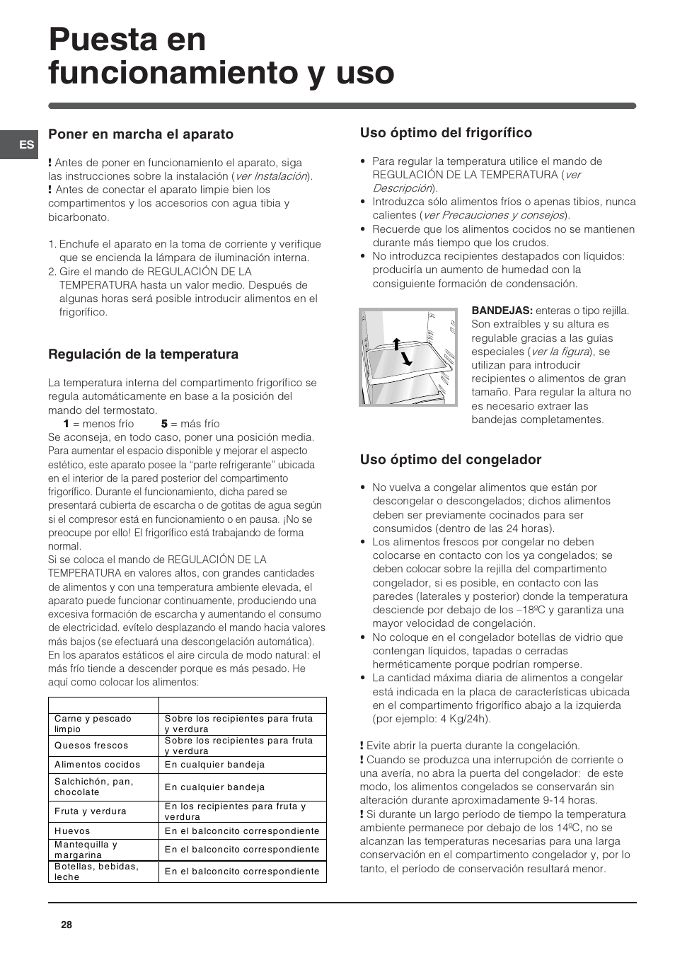 Puesta en funcionamiento y uso, Poner en marcha el aparato, Regulación de la temperatura | Uso óptimo del frigorífico, Uso óptimo del congelador | Indesit RAA-24-N-(EU) User Manual | Page 28 / 80