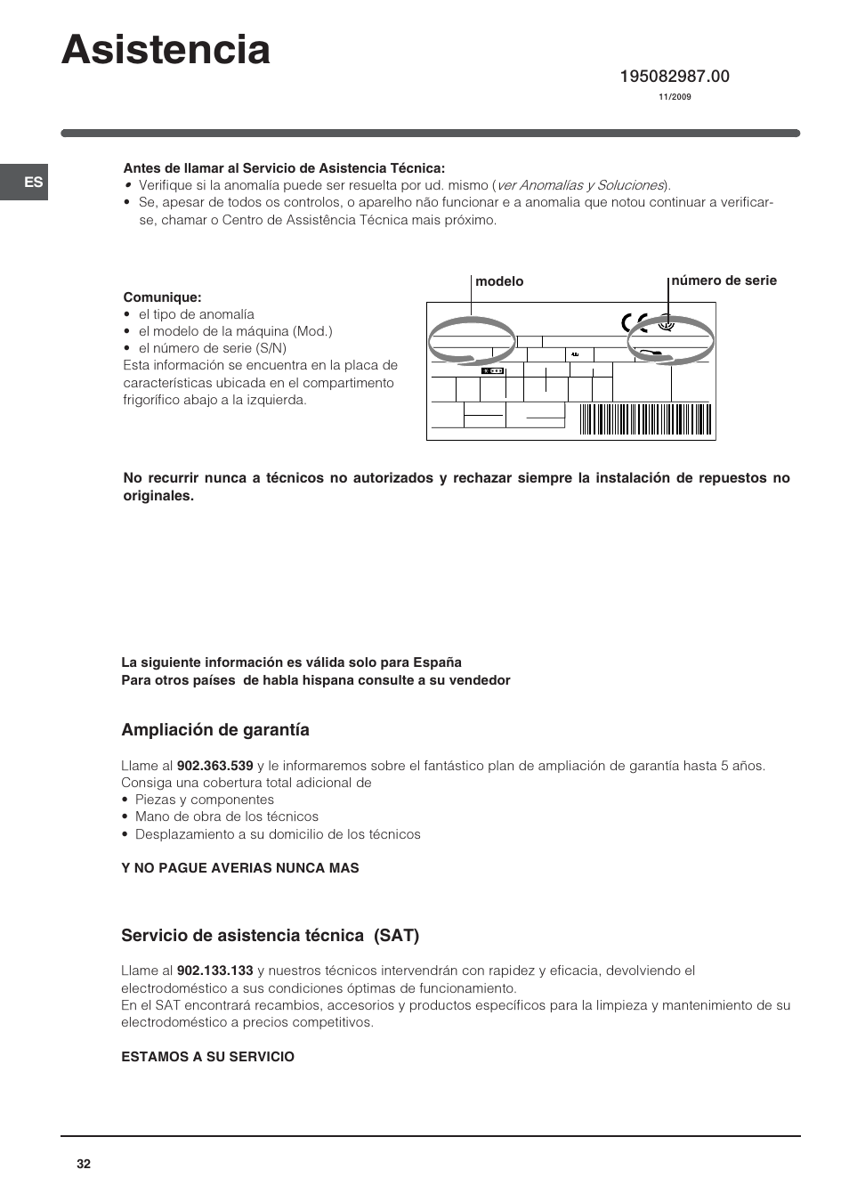 Asistencia, Ampliación de garantía, Servicio de asistencia técnica (sat) | Indesit RAA-24-N-(EU) User Manual | Page 32 / 80