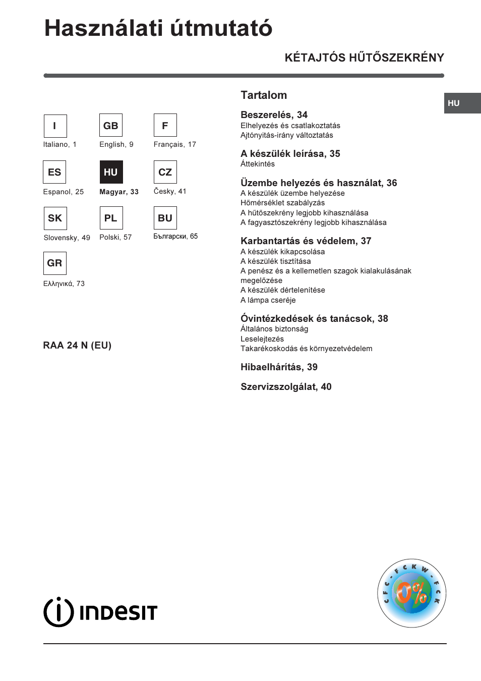 Használati útmutató, Kétajtós hûtõszekrény tartalom | Indesit RAA-24-N-(EU) User Manual | Page 33 / 80