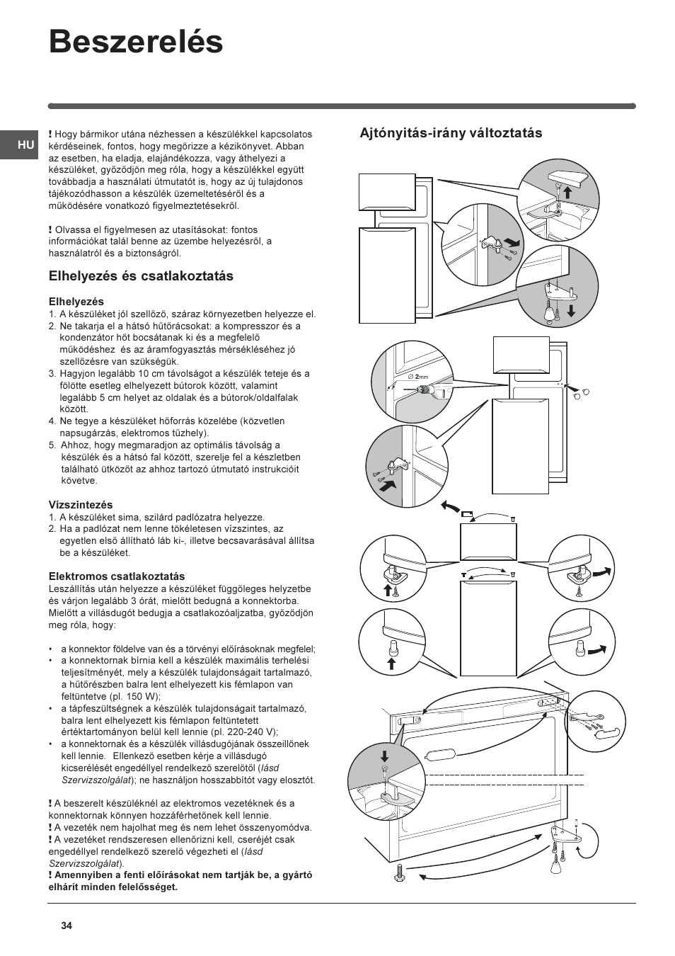 Beszerelés, Ajtónyitás-irány változtatás, Elhelyezés és csatlakoztatás | Indesit RAA-24-N-(EU) User Manual | Page 34 / 80