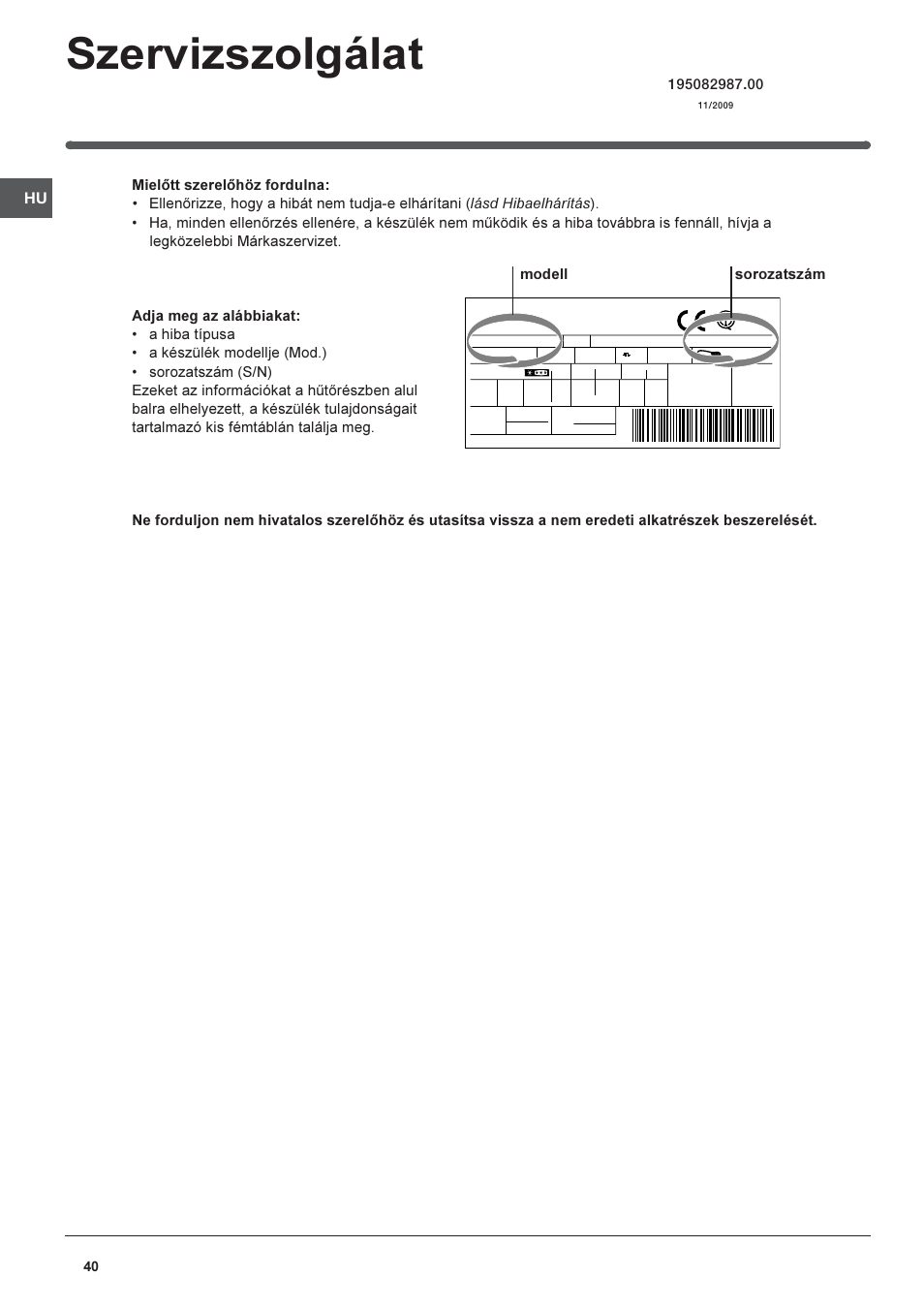 Szervizszolgálat, Modell sorozatszám | Indesit RAA-24-N-(EU) User Manual | Page 40 / 80