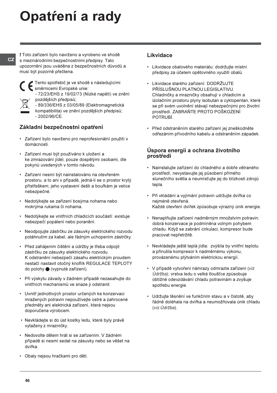 Opatøení a rady | Indesit RAA-24-N-(EU) User Manual | Page 46 / 80