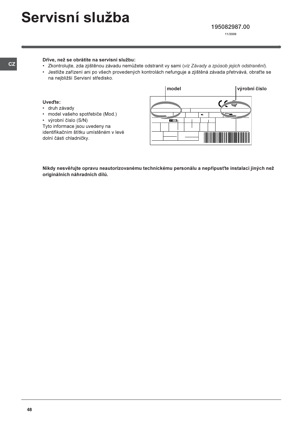 Servisní sluba, Model výrobní èíslo | Indesit RAA-24-N-(EU) User Manual | Page 48 / 80