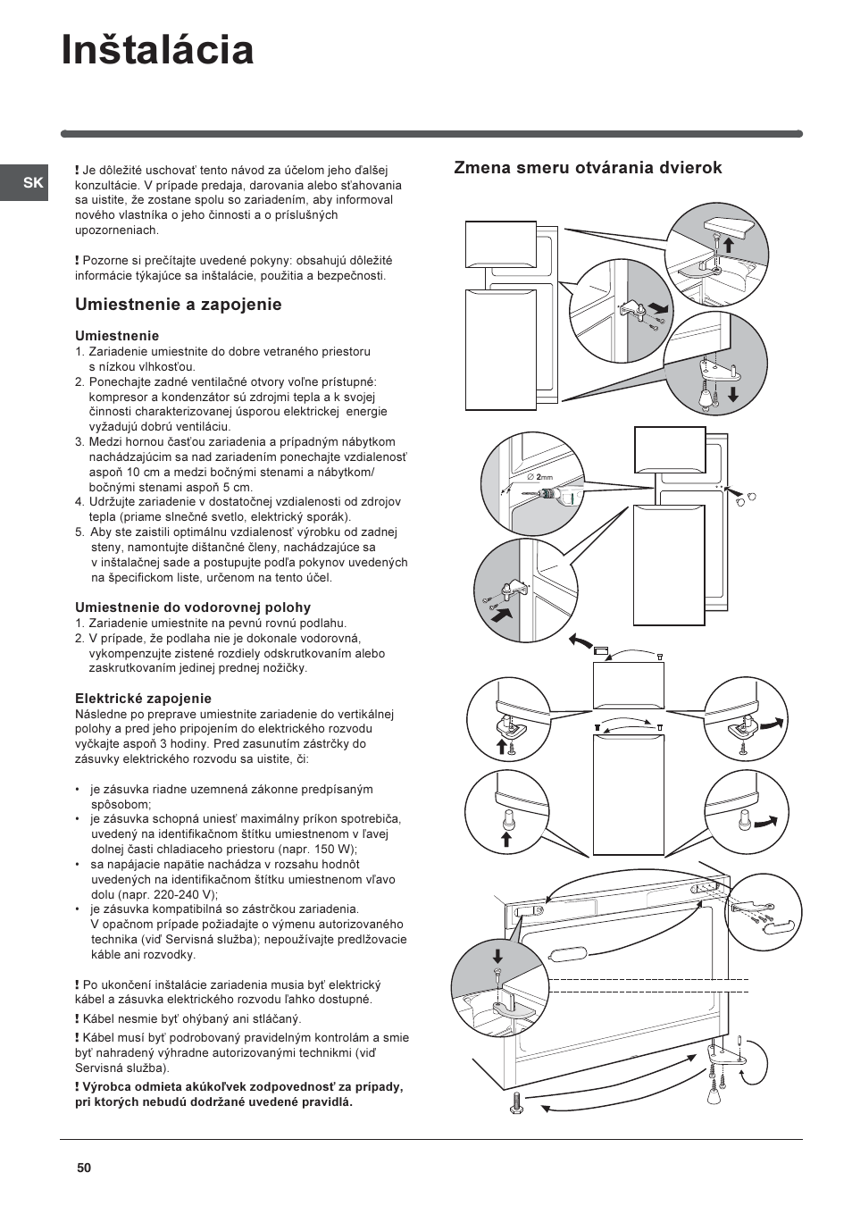 Intalácia, Umiestnenie a zapojenie, Zmena smeru otvárania dvierok | Indesit RAA-24-N-(EU) User Manual | Page 50 / 80