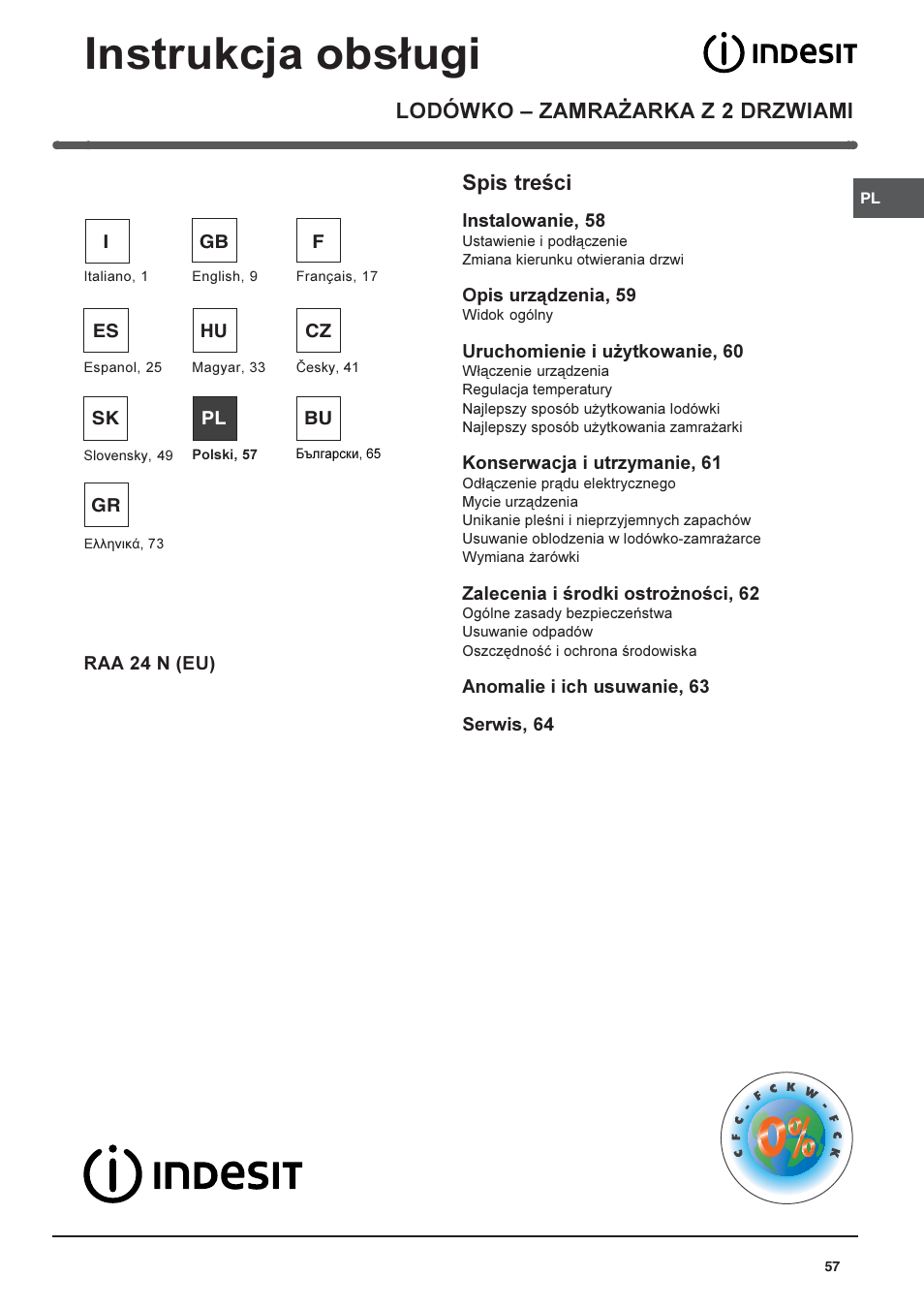 Instrukcja obs³ugi, Lodówko  zamra¯arka z 2 drzwiami spis treci | Indesit RAA-24-N-(EU) User Manual | Page 57 / 80
