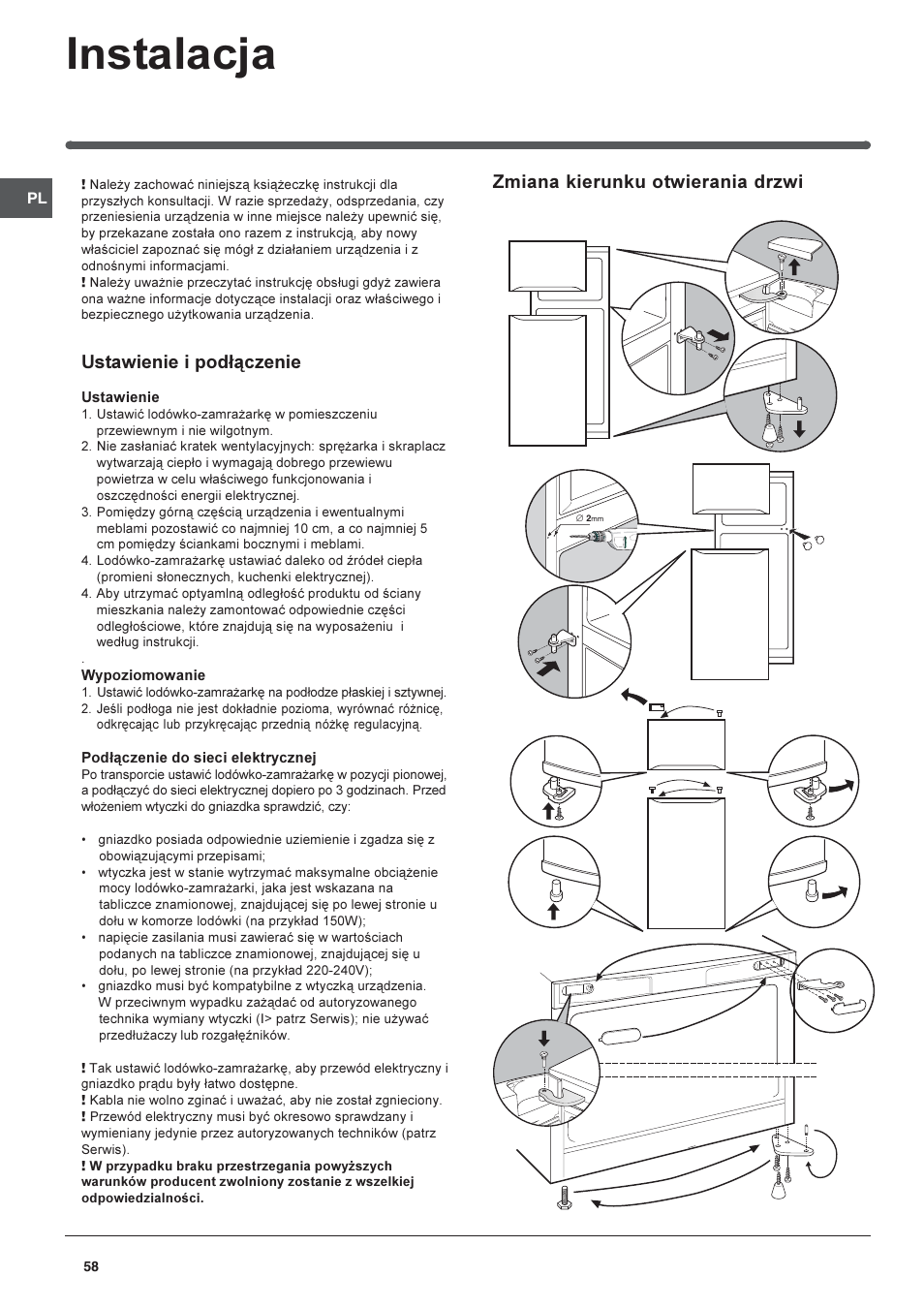 Instalacja, Ustawienie i pod³¹czenie, Zmiana kierunku otwierania drzwi | Indesit RAA-24-N-(EU) User Manual | Page 58 / 80