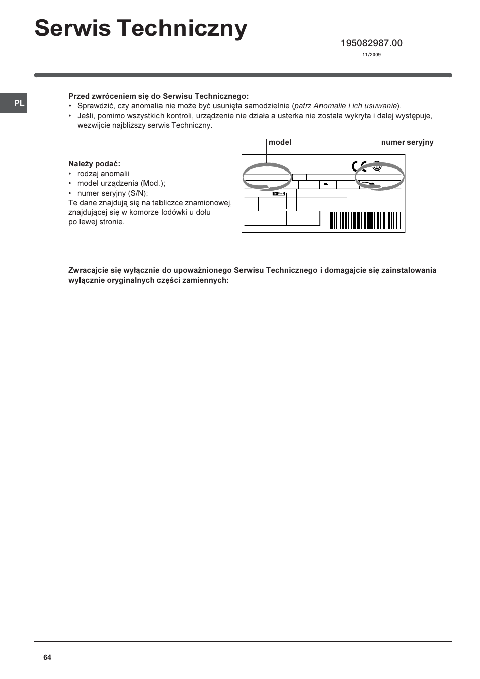 Serwis techniczny, Model numer seryjny | Indesit RAA-24-N-(EU) User Manual | Page 64 / 80