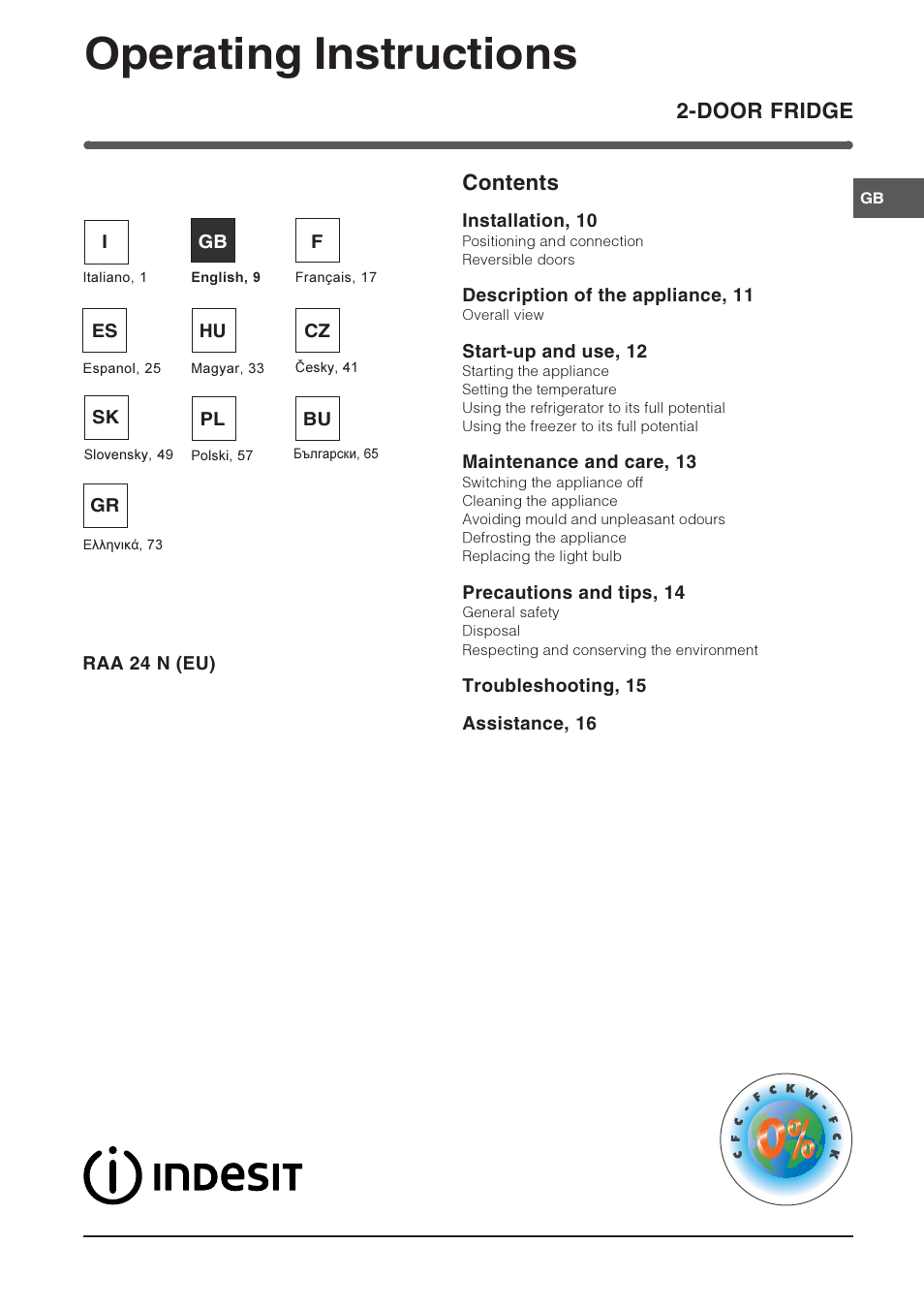 Operating instructions, Door fridge contents | Indesit RAA-24-N-(EU) User Manual | Page 9 / 80