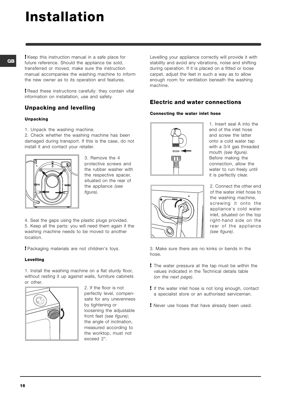 Installation, Unpacking and levelling, Electric and water connections | Indesit IWME-8-(EU) User Manual | Page 16 / 56