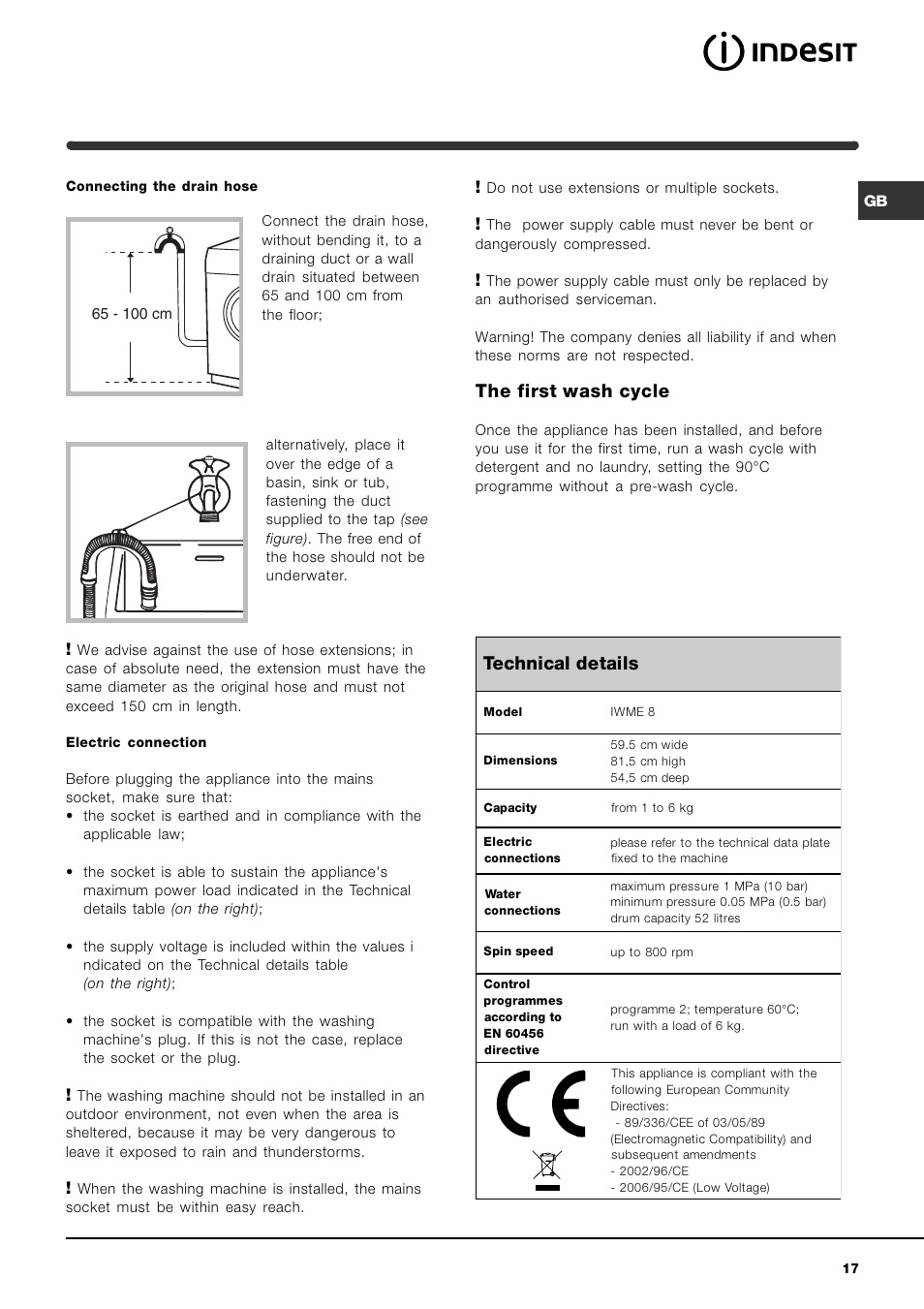 The first wash cycle, Technical details | Indesit IWME-8-(EU) User Manual | Page 17 / 56