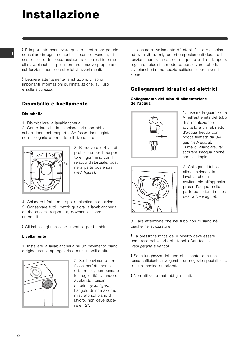 Installazione, Disimballo e livellamento, Collegamenti idraulici ed elettrici | Indesit IWME-8-(EU) User Manual | Page 2 / 56