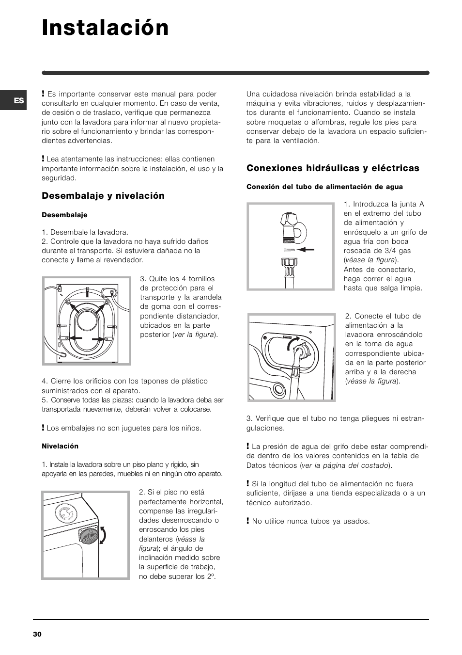 Instalación, Desembalaje y nivelación, Conexiones hidráulicas y eléctricas | Indesit IWME-8-(EU) User Manual | Page 30 / 56