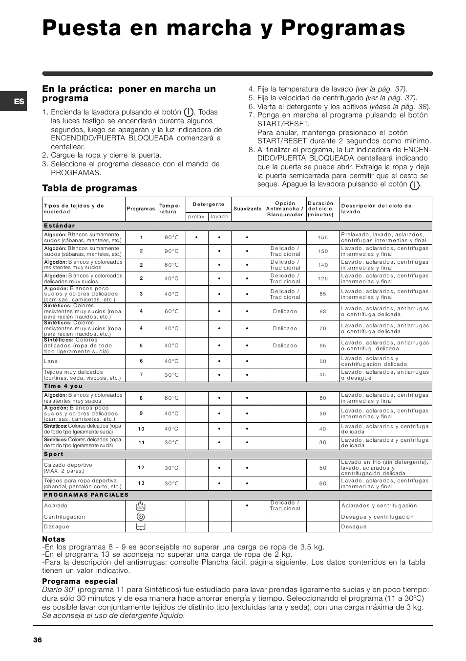 Puesta en marcha y programas | Indesit IWME-8-(EU) User Manual | Page 36 / 56