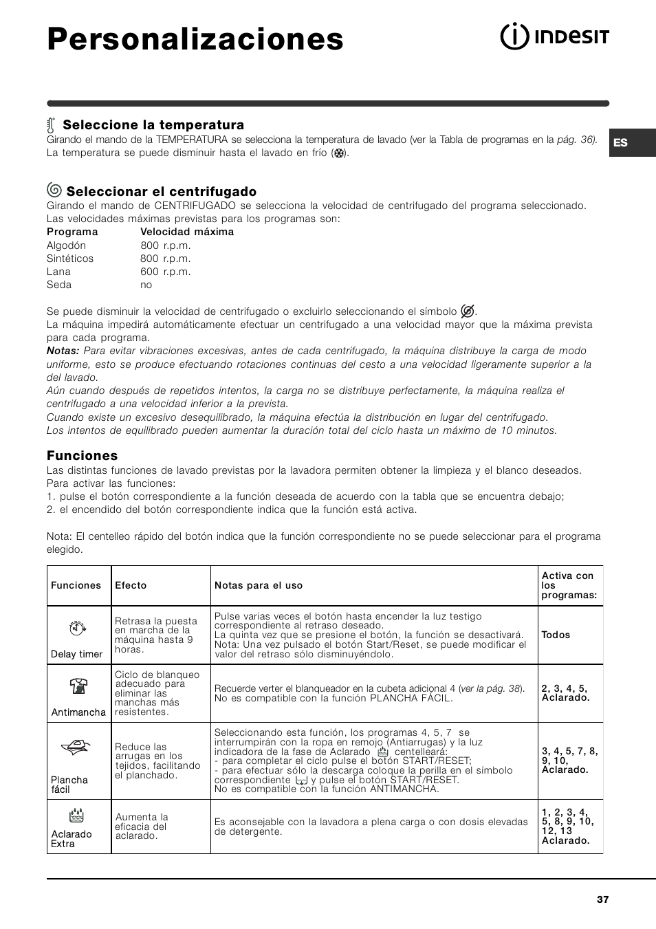 Personalizaciones, Seleccione la temperatura, Seleccionar el centrifugado | Funciones | Indesit IWME-8-(EU) User Manual | Page 37 / 56