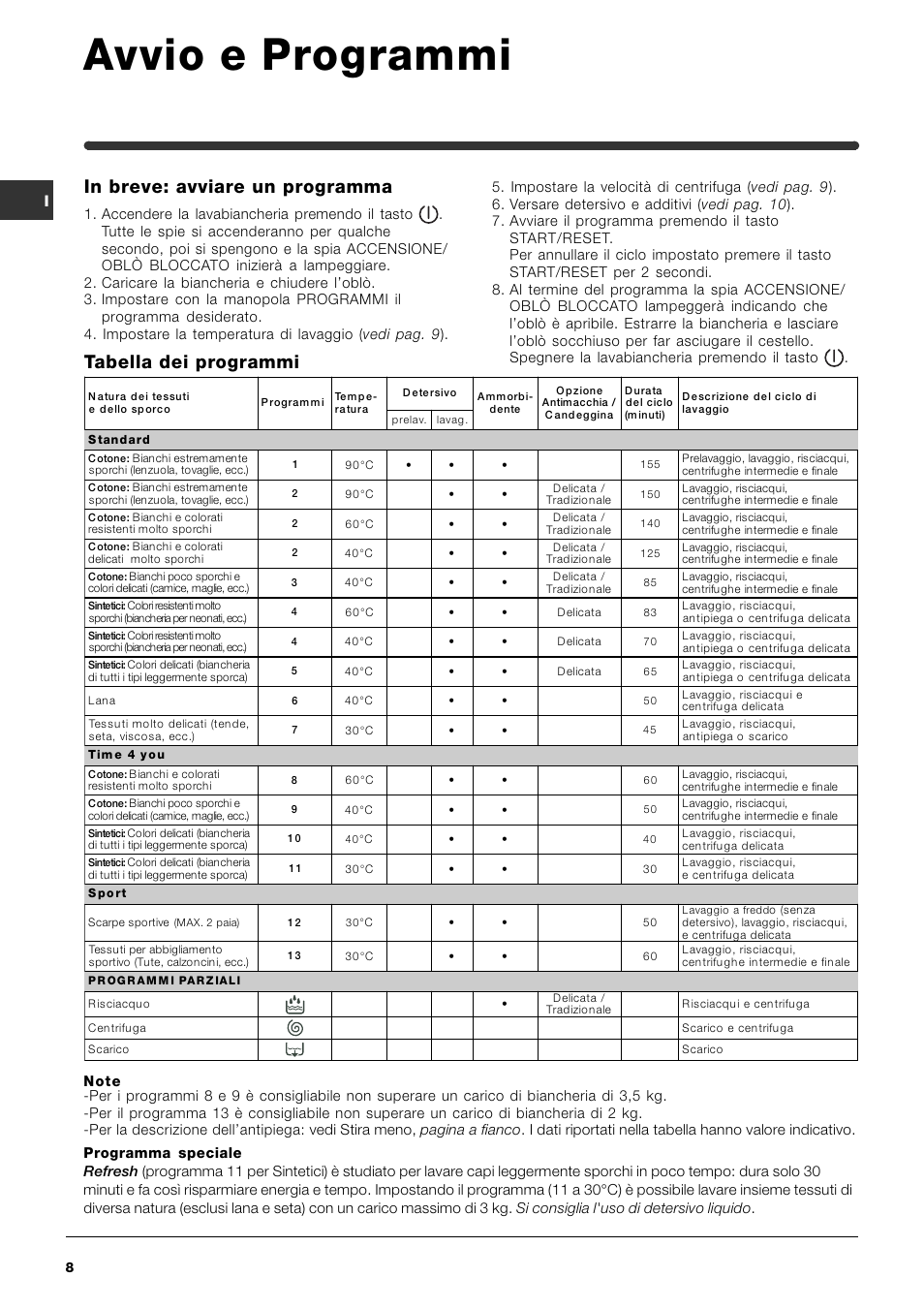 Avvio e programmi | Indesit IWME-8-(EU) User Manual | Page 8 / 56