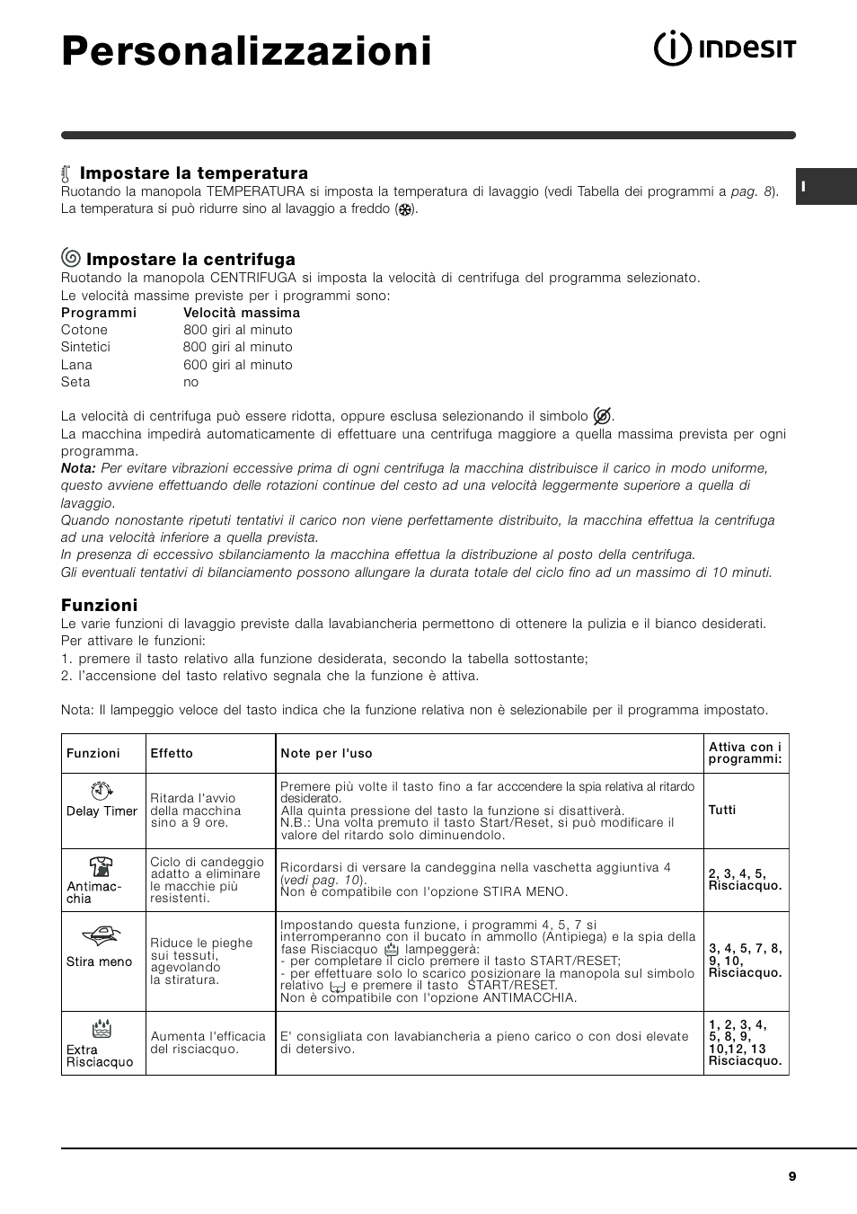 Personalizzazioni, Impostare la temperatura, Impostare la centrifuga | Funzioni | Indesit IWME-8-(EU) User Manual | Page 9 / 56