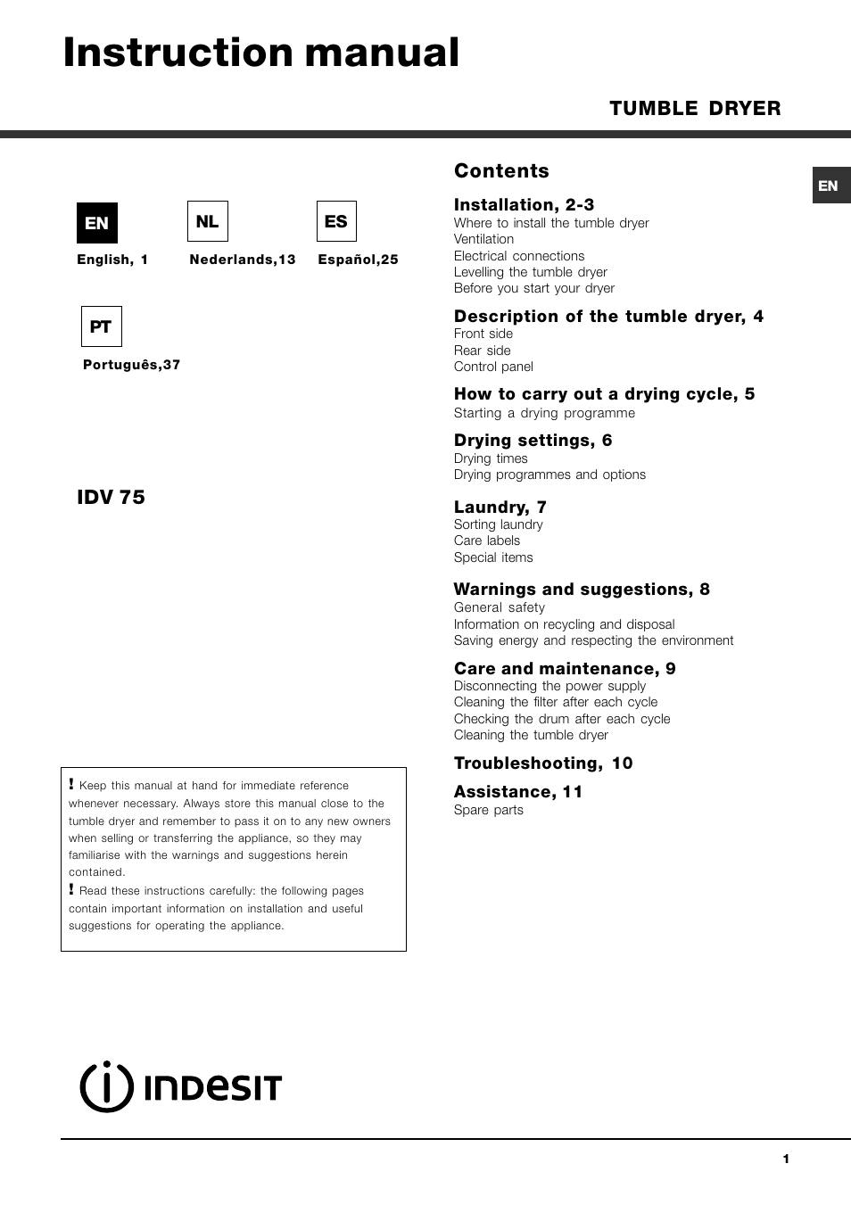 Indesit IDV-75-(EU) User Manual | 48 pages