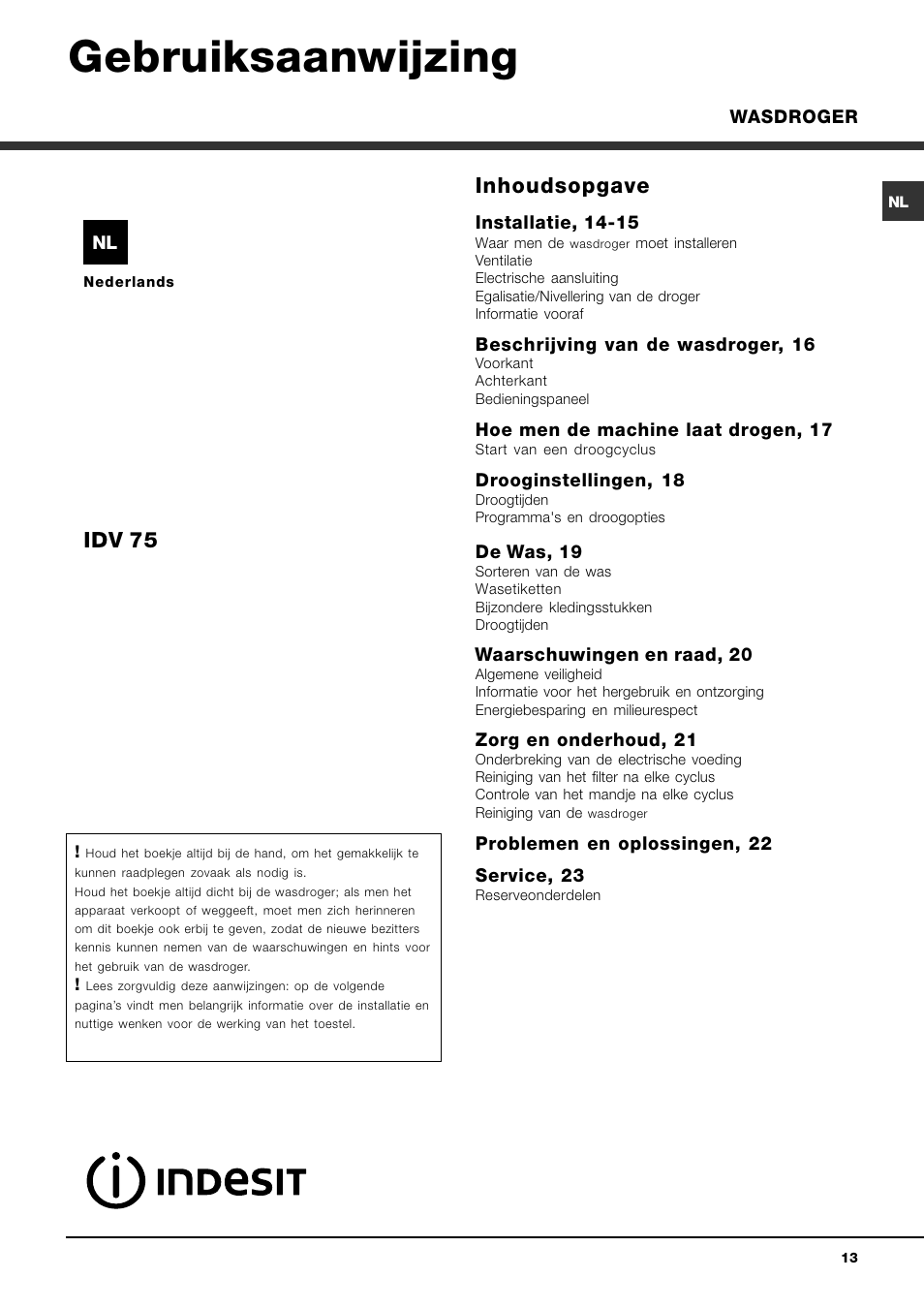 Gebruiksaanwijzing, Inhoudsopgave, Idv 75 | Indesit IDV-75-(EU) User Manual | Page 13 / 48