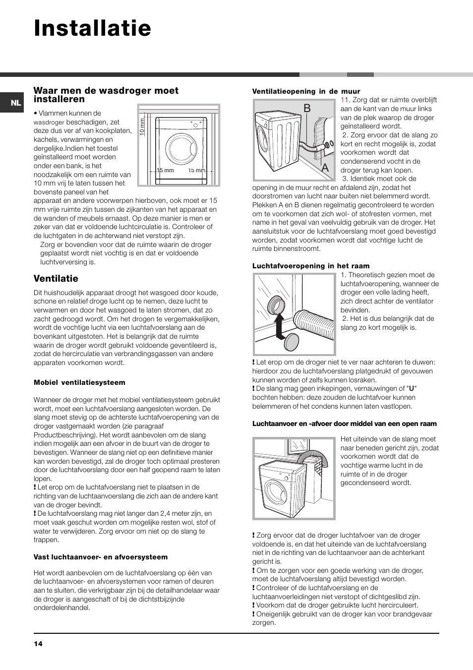Installatie, Waar men de wasdroger moet installeren, Ventilatie | Indesit IDV-75-(EU) User Manual | Page 14 / 48