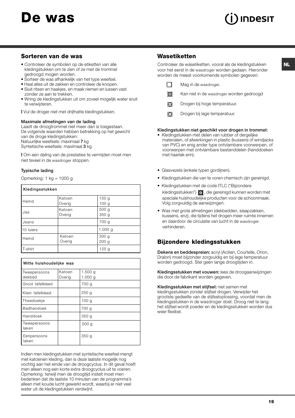 De was, Sorteren van de was, Wasetiketten | Bijzondere kledingsstukken | Indesit IDV-75-(EU) User Manual | Page 19 / 48