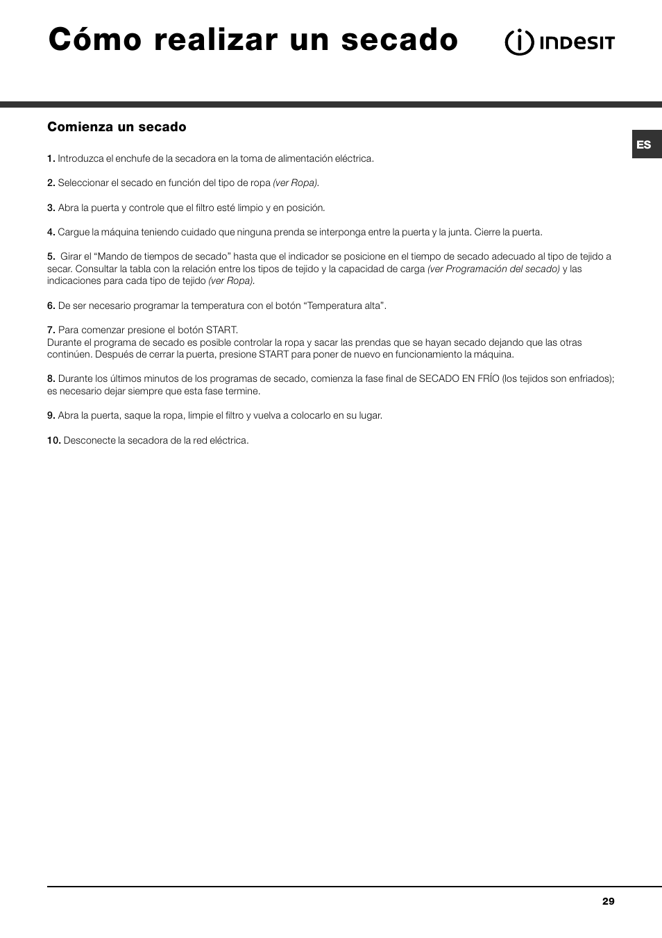 Cómo realizar un secado | Indesit IDV-75-(EU) User Manual | Page 29 / 48
