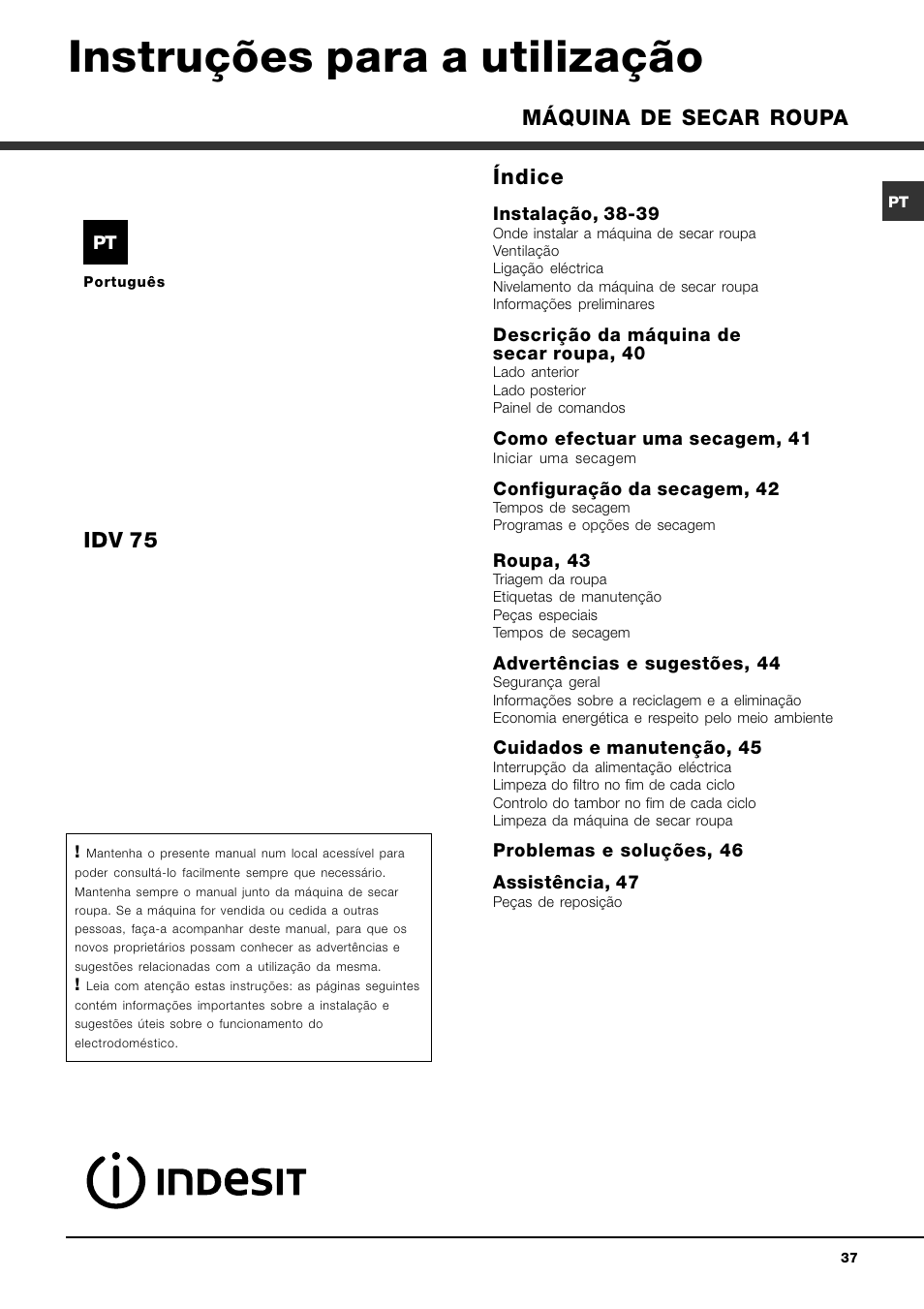 Instruções para a utilização, Índice, Idv 75 | Máquina de secar roupa | Indesit IDV-75-(EU) User Manual | Page 37 / 48