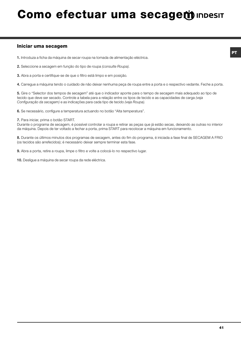 Como efectuar uma secagem | Indesit IDV-75-(EU) User Manual | Page 41 / 48