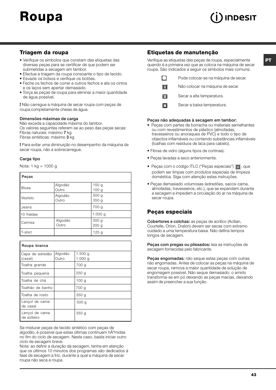 Roupa, Triagem da roupa, Etiquetas de manutenção | Peças especiais | Indesit IDV-75-(EU) User Manual | Page 43 / 48