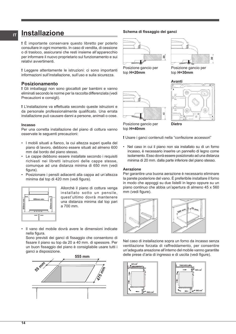 Installazione, Posizionamento | Indesit PIM-604-(IX) User Manual | Page 14 / 48