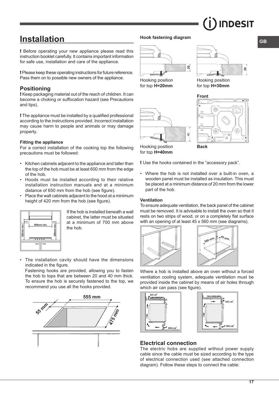 Installation, Positioning, Electrical connection | Indesit PIM-604-(IX) User Manual | Page 17 / 48
