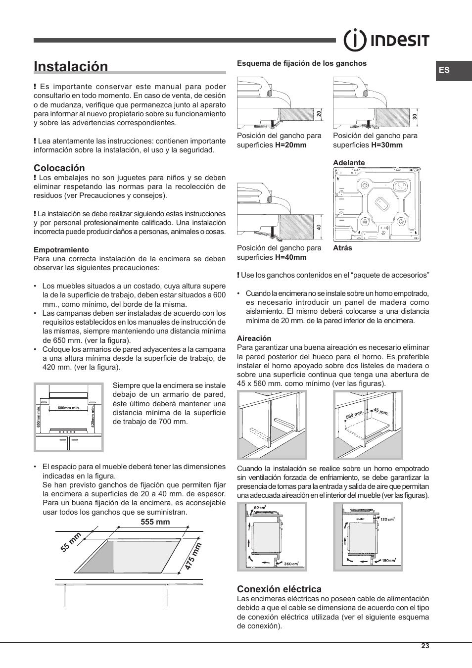 Instalación, Colocación, Conexión eléctrica | Indesit PIM-604-(IX) User Manual | Page 23 / 48