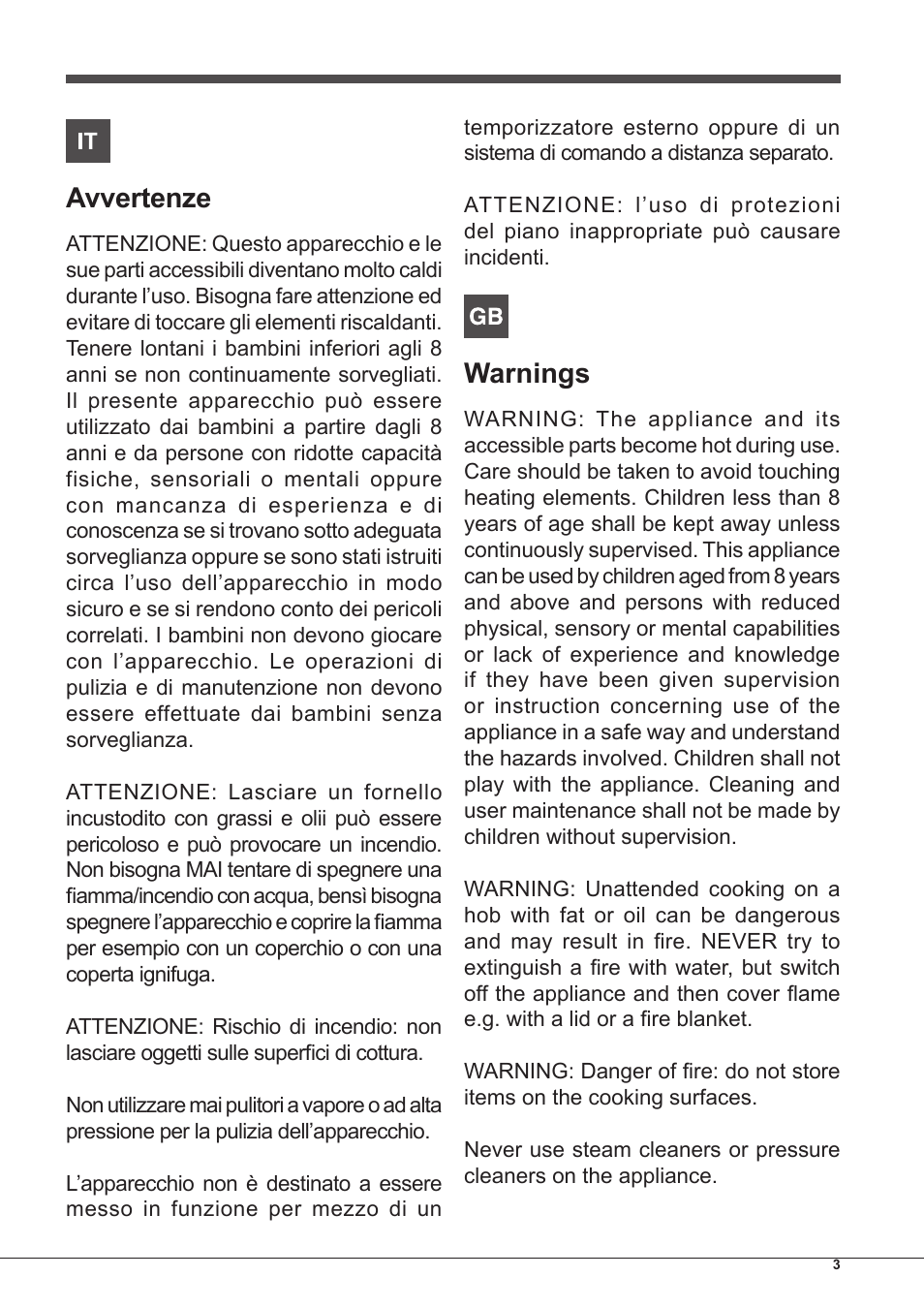 Avvertenze, Warnings | Indesit PIM-604-(IX) User Manual | Page 3 / 48