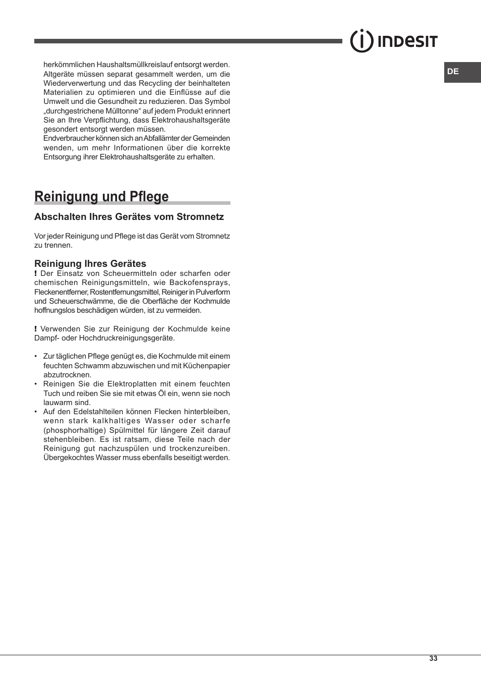 Reinigung und pflege | Indesit PIM-604-(IX) User Manual | Page 33 / 48