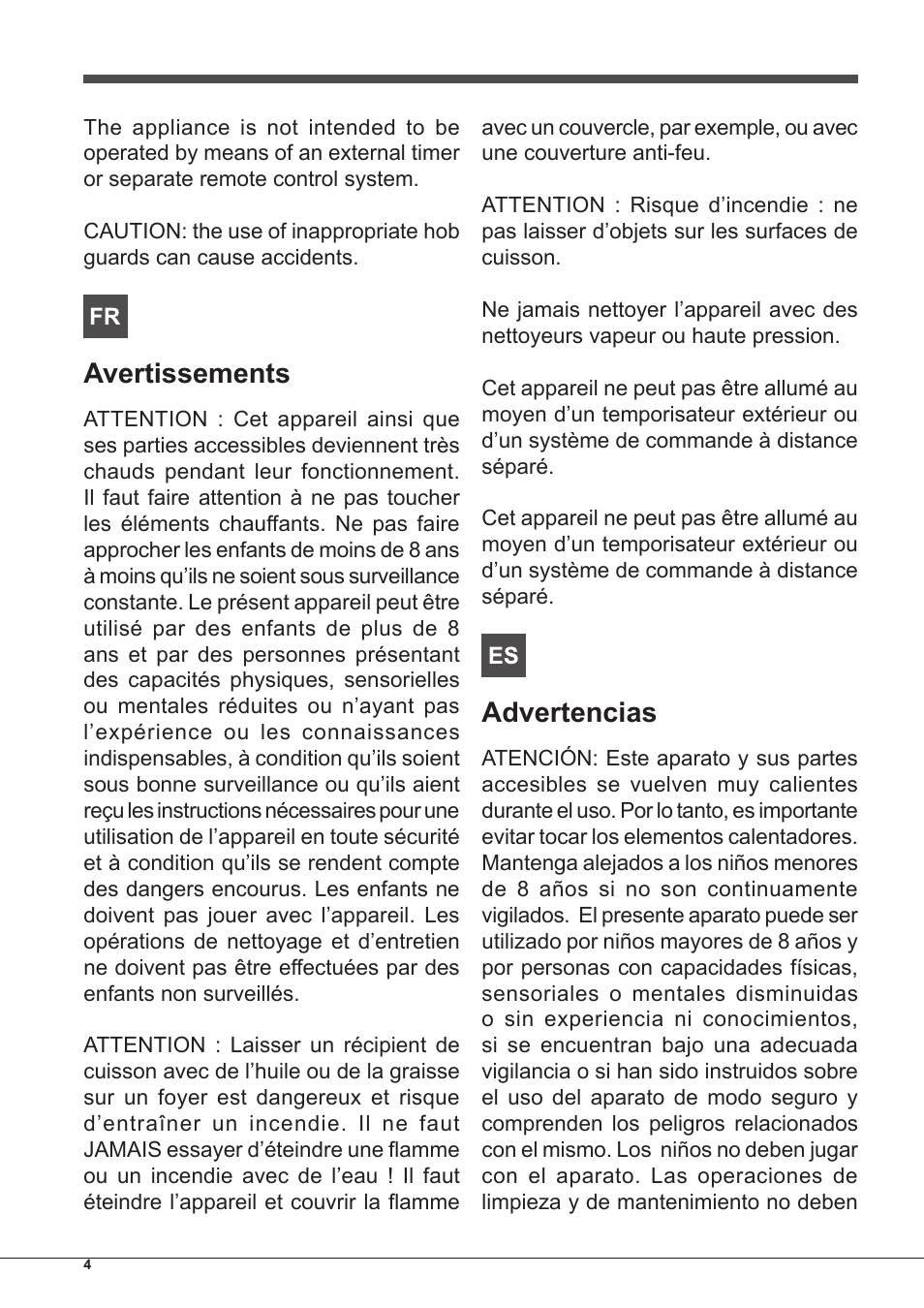 Avertissements, Advertencias | Indesit PIM-604-(IX) User Manual | Page 4 / 48