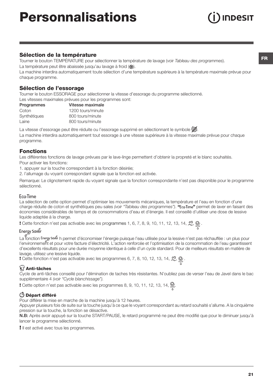 Personnalisations | Indesit IWC-71251-C-ECO-EU User Manual | Page 21 / 72