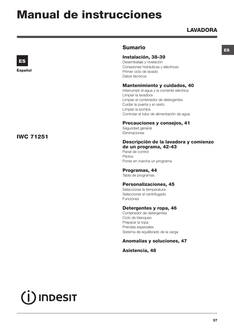 Manual de instrucciones | Indesit IWC-71251-C-ECO-EU User Manual | Page 37 / 72