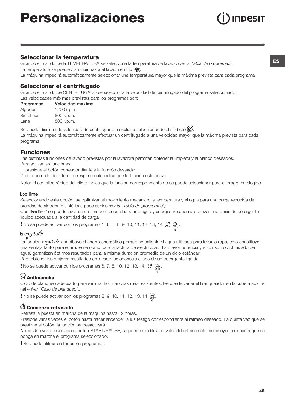 Personalizaciones | Indesit IWC-71251-C-ECO-EU User Manual | Page 45 / 72