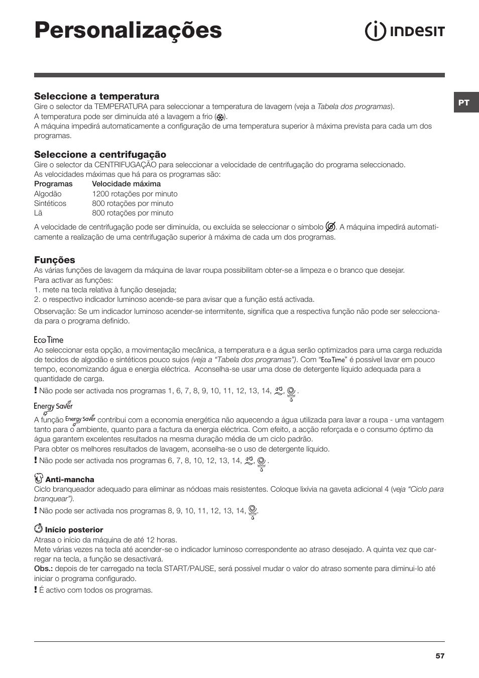 Personalizações | Indesit IWC-71251-C-ECO-EU User Manual | Page 57 / 72