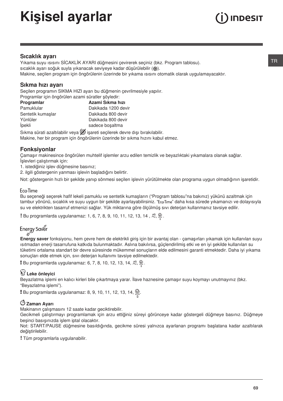 Kiþisel ayarlar | Indesit IWC-71251-C-ECO-EU User Manual | Page 69 / 72