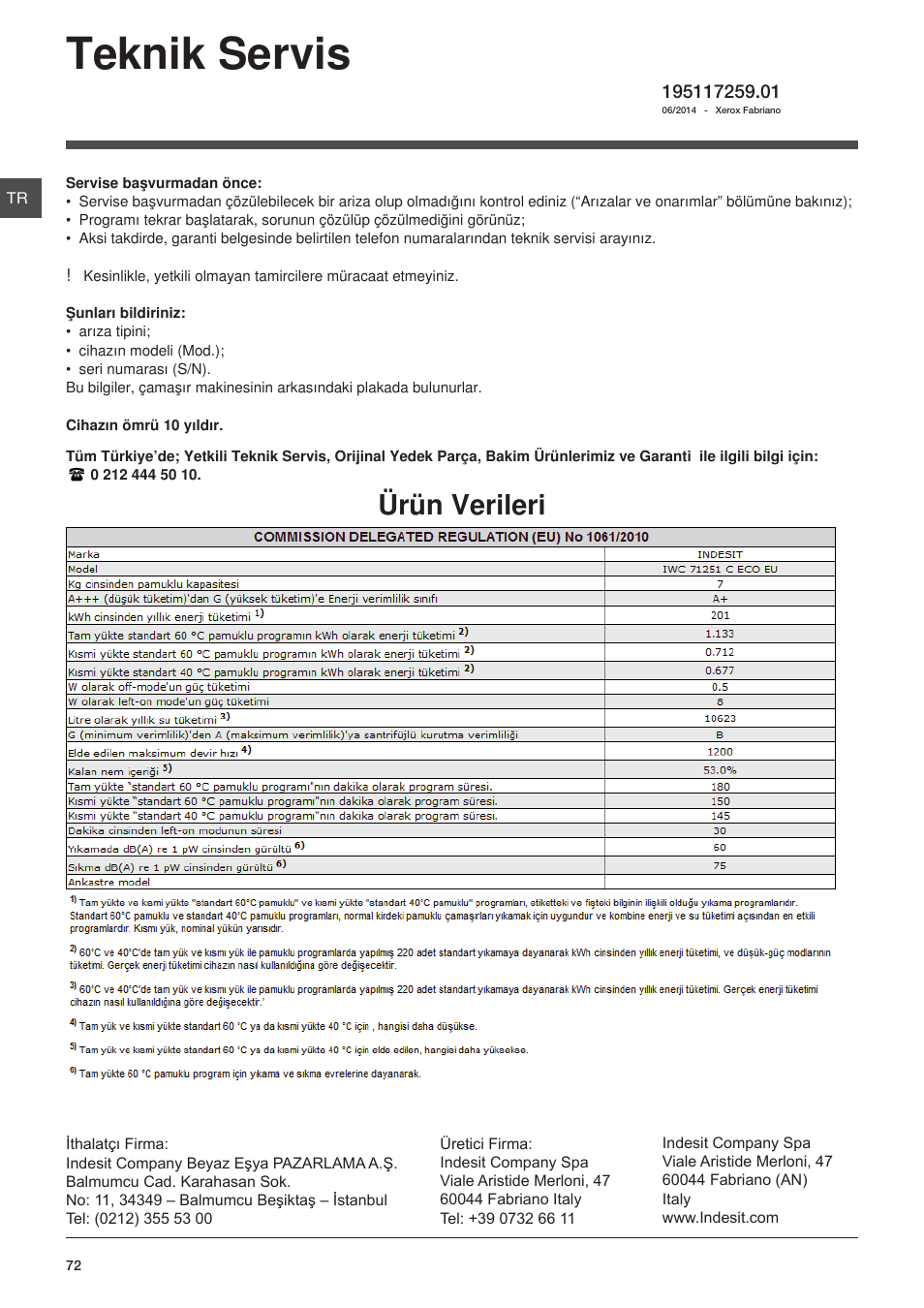 Teknik servis, Ürün verileri | Indesit IWC-71251-C-ECO-EU User Manual | Page 72 / 72