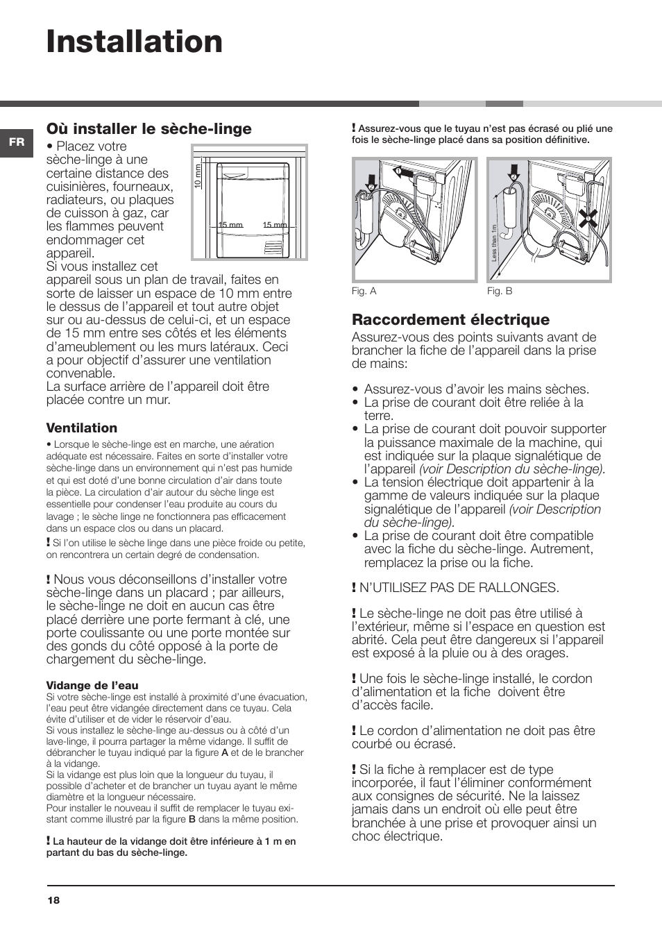 Installation, Où installer le sèche-linge, Raccordement électrique | Indesit IDCL-75-B-H-(EU) User Manual | Page 18 / 64