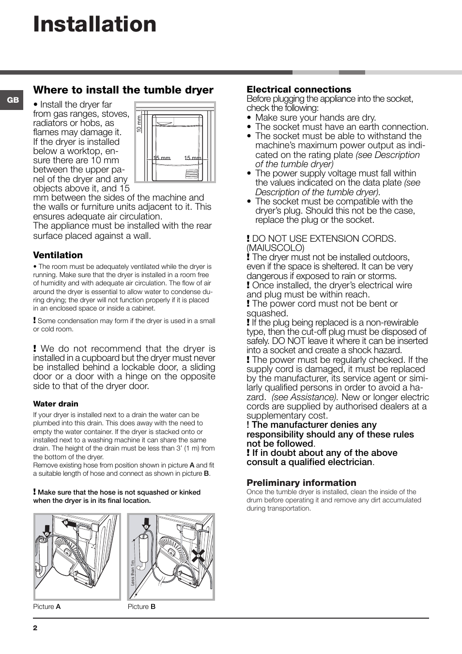 Installation, Where to install the tumble dryer | Indesit IDCL-75-B-H-(EU) User Manual | Page 2 / 64