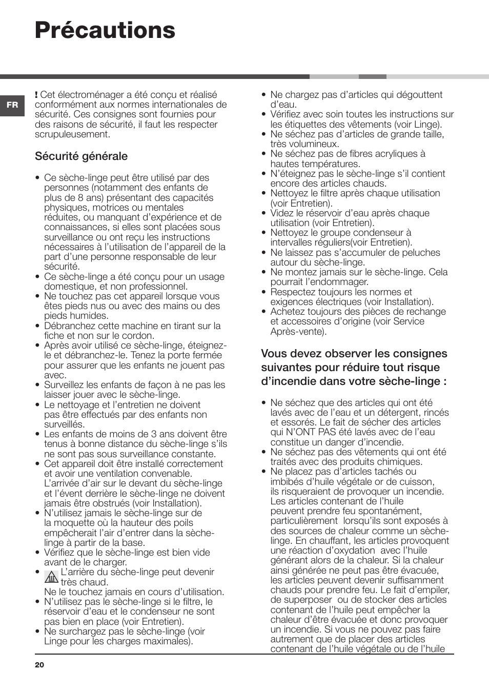 Précautions | Indesit IDCL-75-B-H-(EU) User Manual | Page 20 / 64