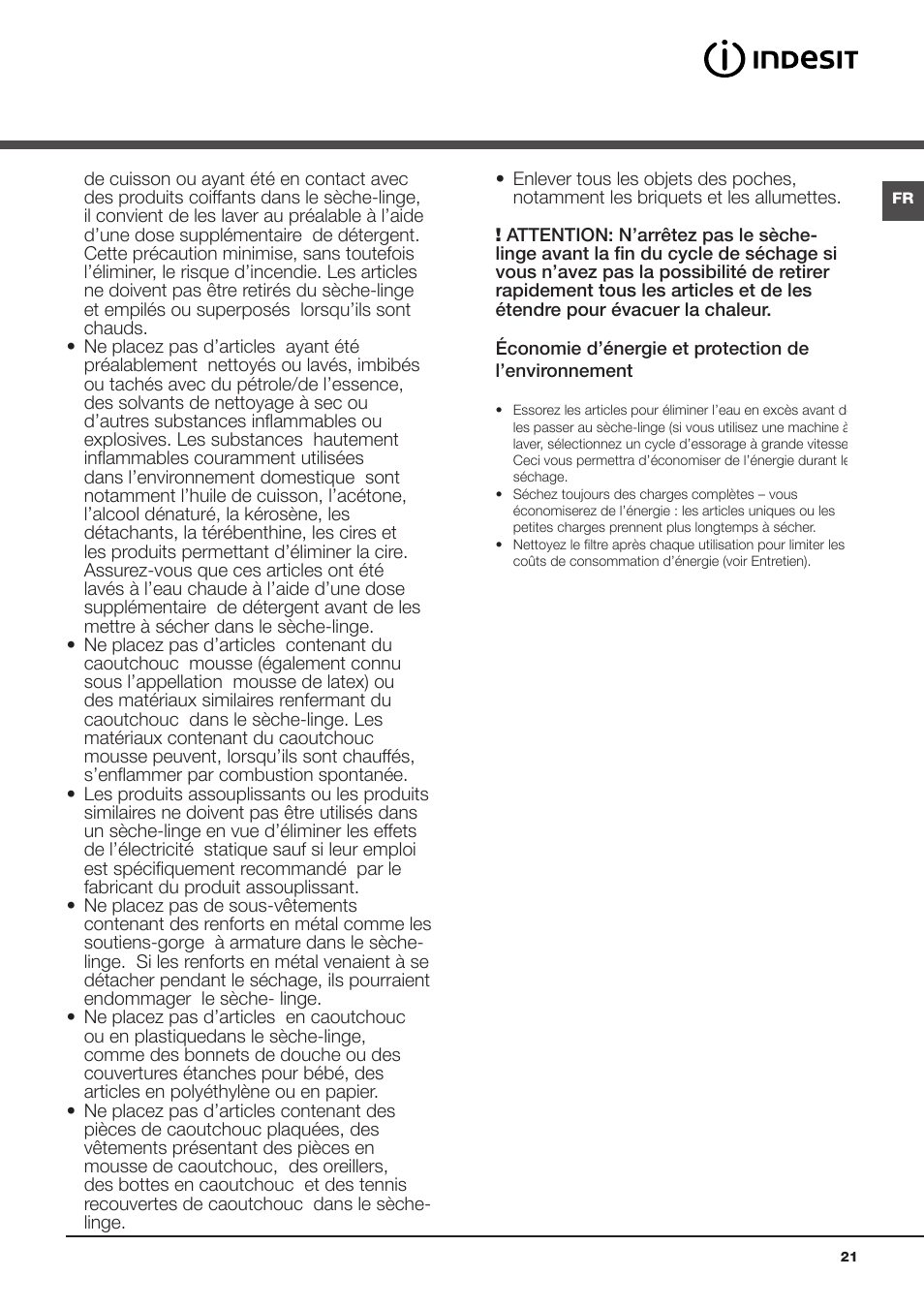 Précautions | Indesit IDCL-75-B-H-(EU) User Manual | Page 21 / 64