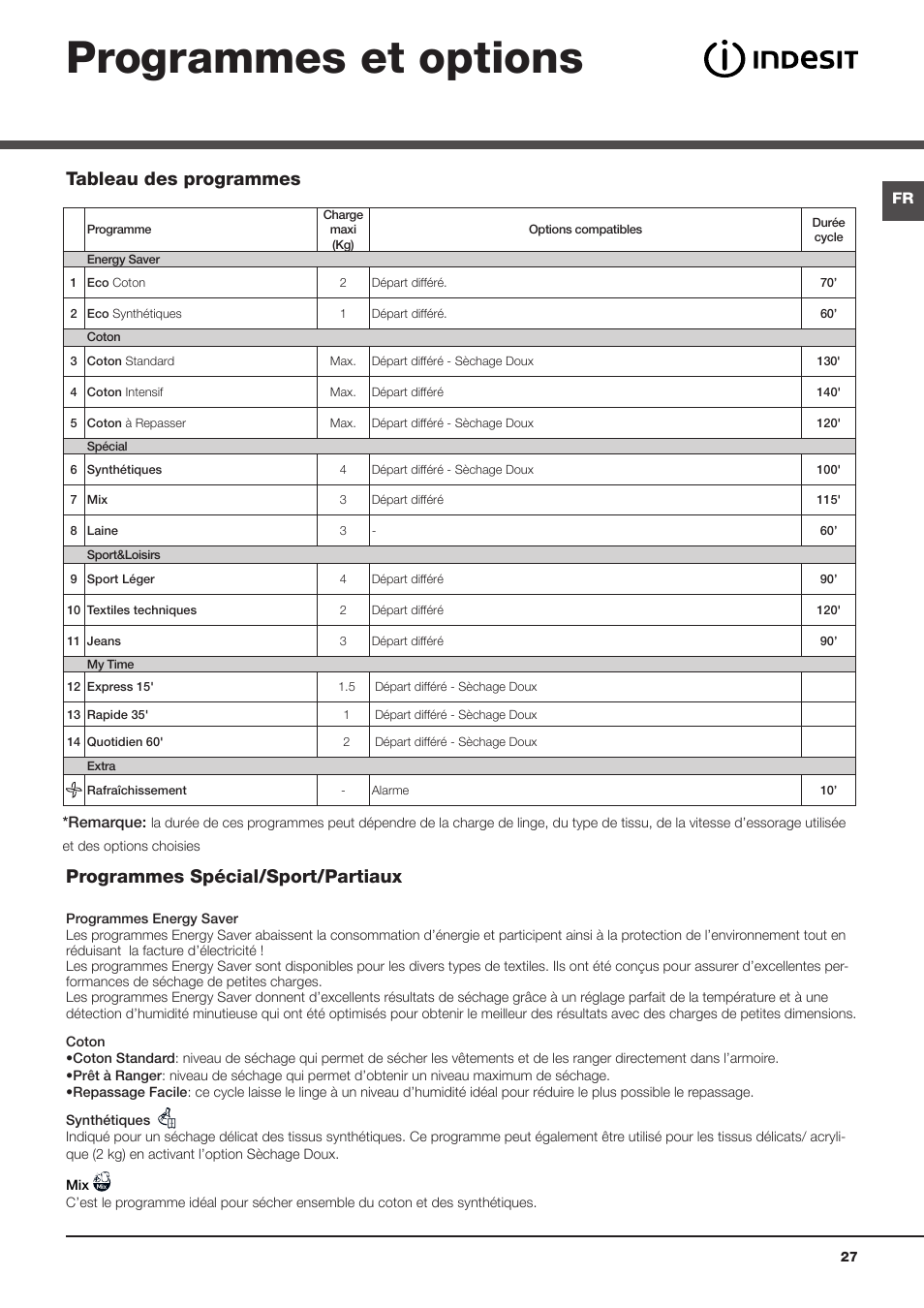 Programmes et options, Programmes spécial/sport/partiaux, Tableau des programmes | Indesit IDCL-75-B-H-(EU) User Manual | Page 27 / 64