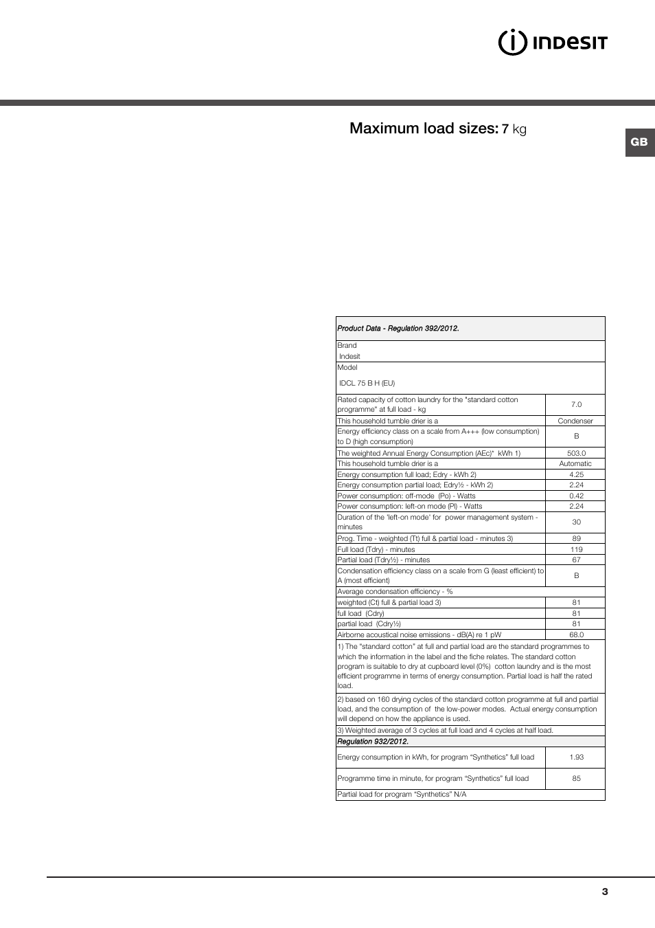 Maximum load sizes, 7 kg | Indesit IDCL-75-B-H-(EU) User Manual | Page 3 / 64